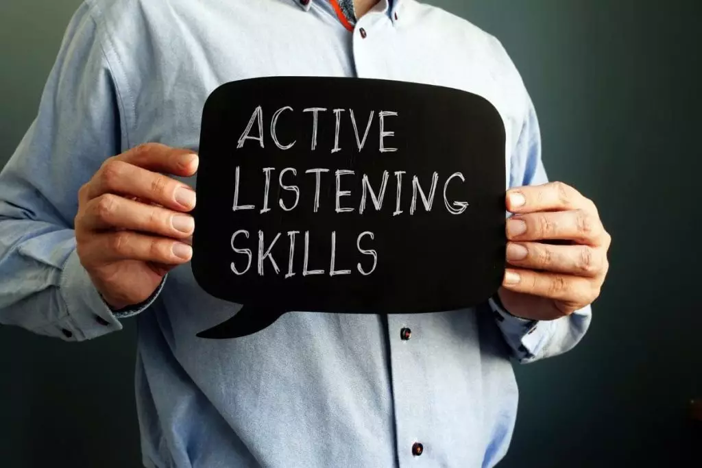 Active listening skills handwritten sign on the blackboard