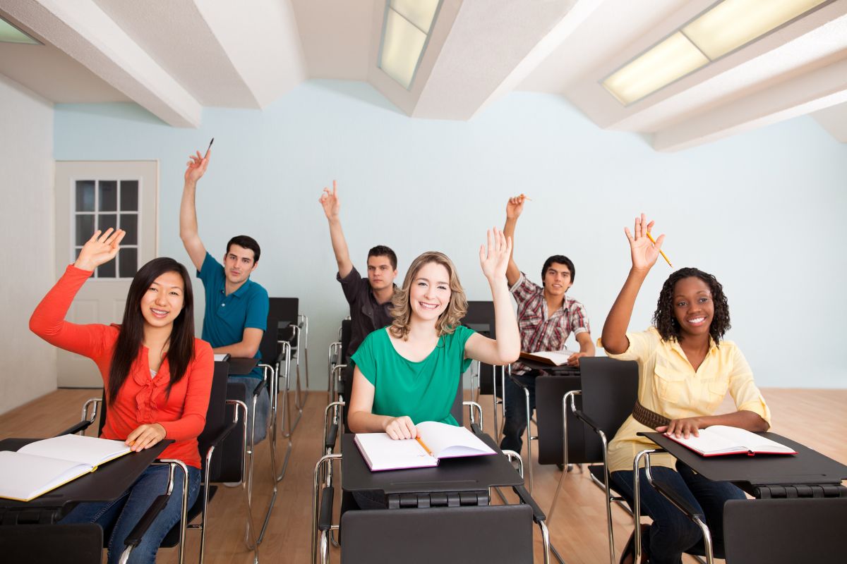 Multi-ethnic students participating in class