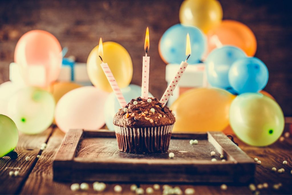 Birthday celebration, birthday muffin and three candles